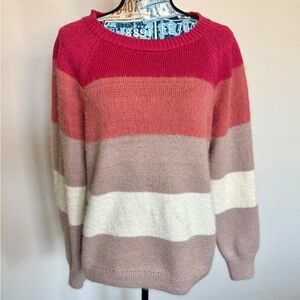 LOFT Women's Sweater in Pink and Cream Stripes